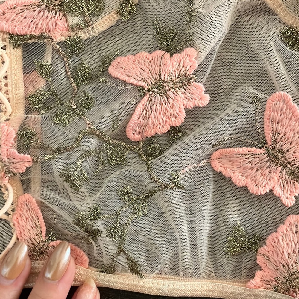 Pink and Green Embroidered Mesh Crop Top - Picture 4 of 7